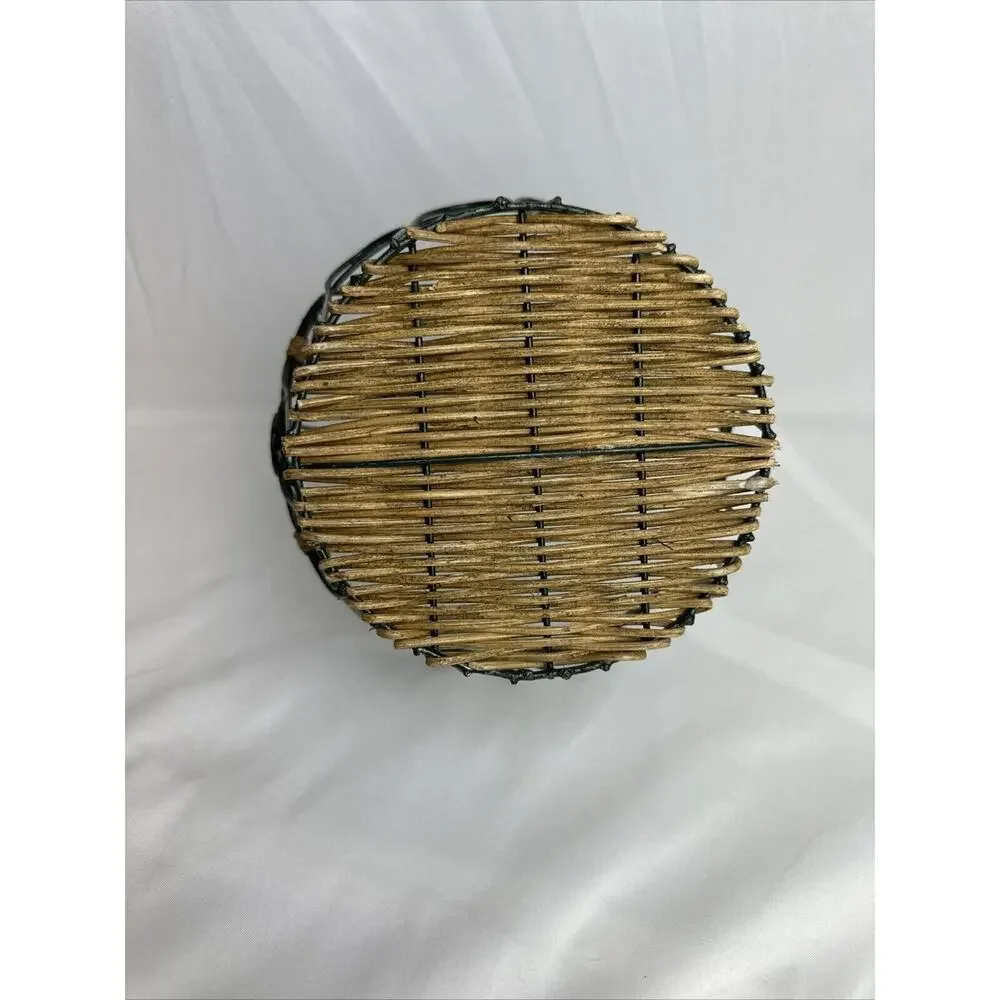 Vintage Wire & Wicker French Country Handled Basket~Dark Green~Farmhouse